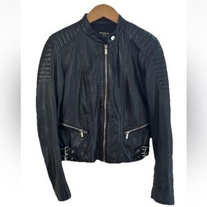 Stradivarius Genuine Black Leather Buckle Detail Zippered Moto Jacket Size Small
